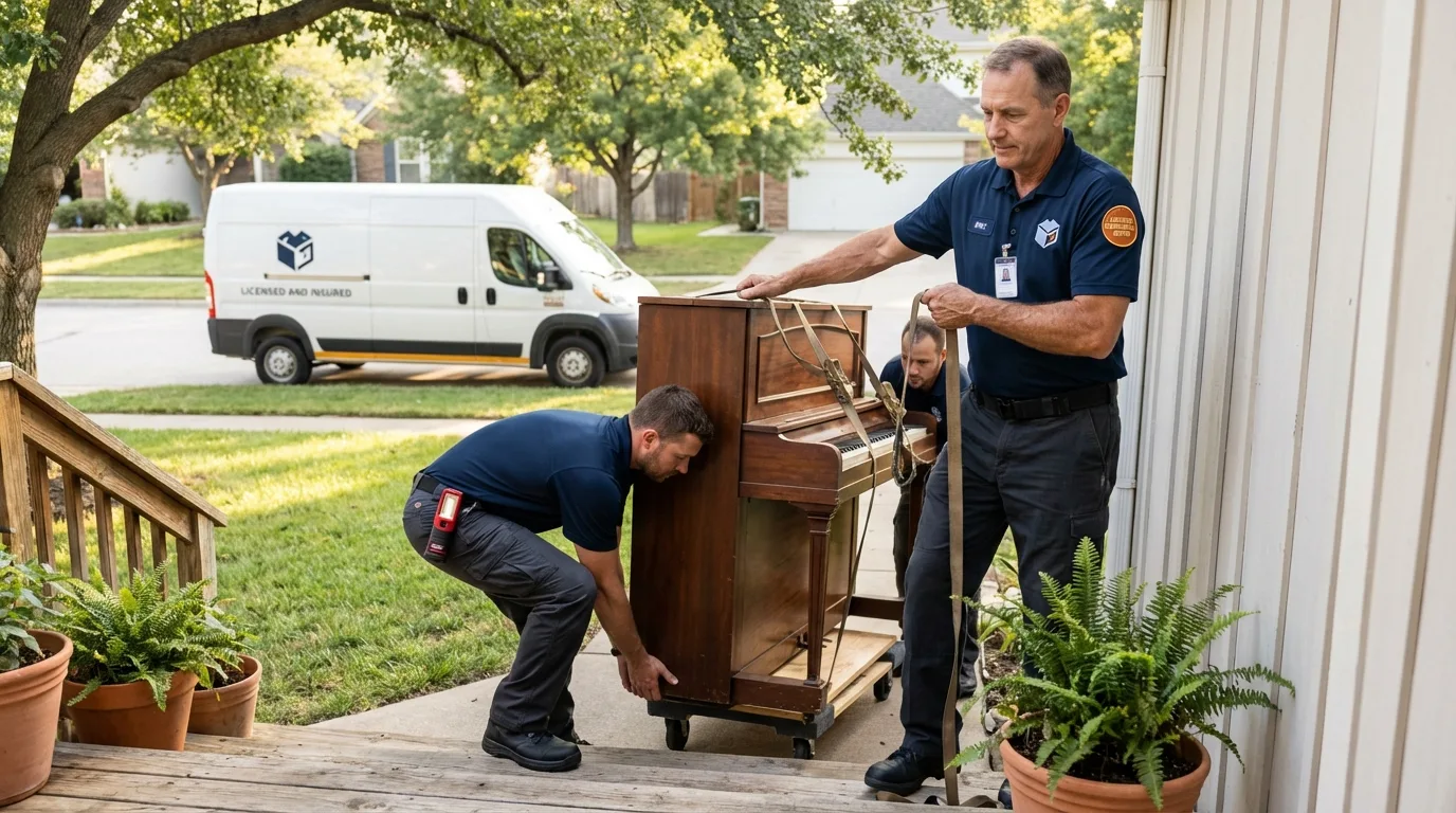 Licensed piano movers securing grand piano in Arcola, IL