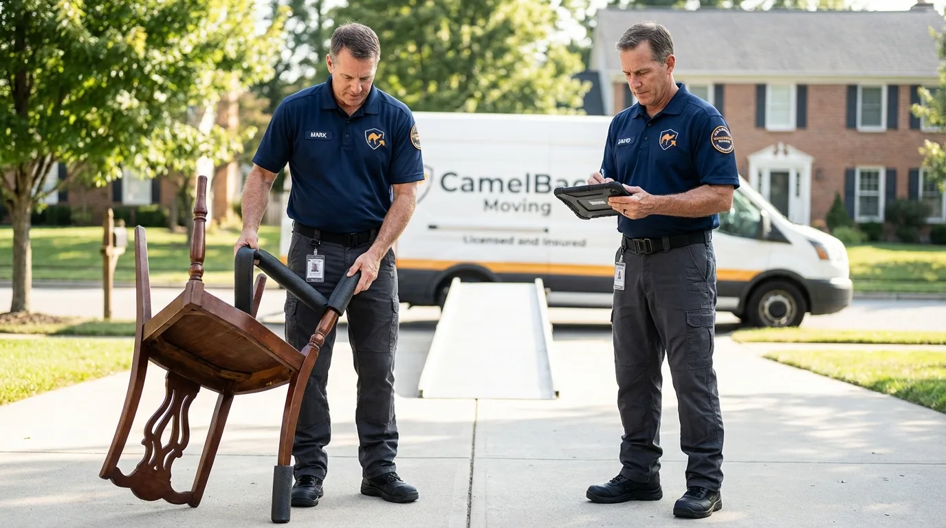 Movers inspecting furniture for damage prevention before loading in Arcola, IL