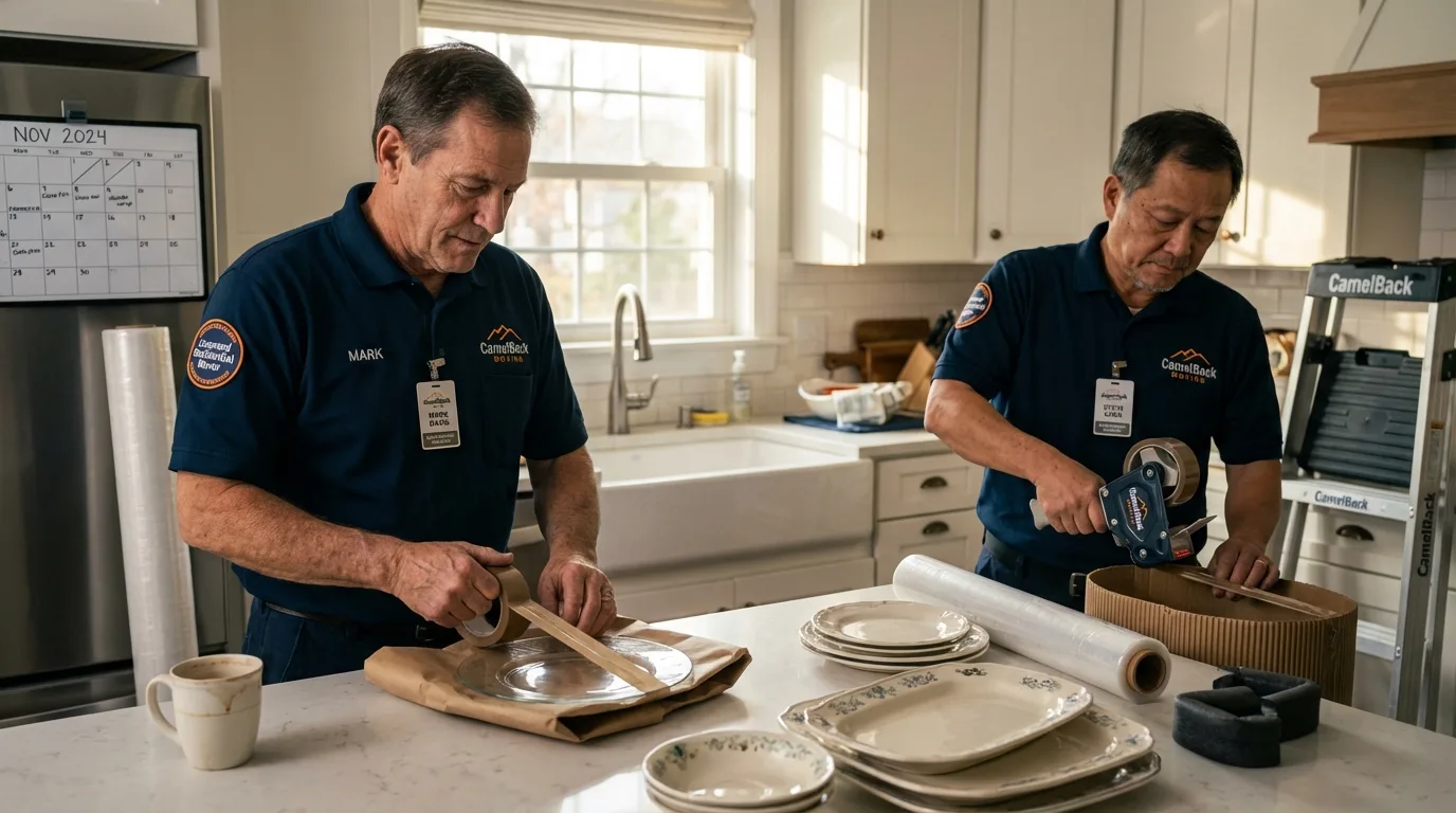 Professional crew packing kitchen dishware in Arcola, IL